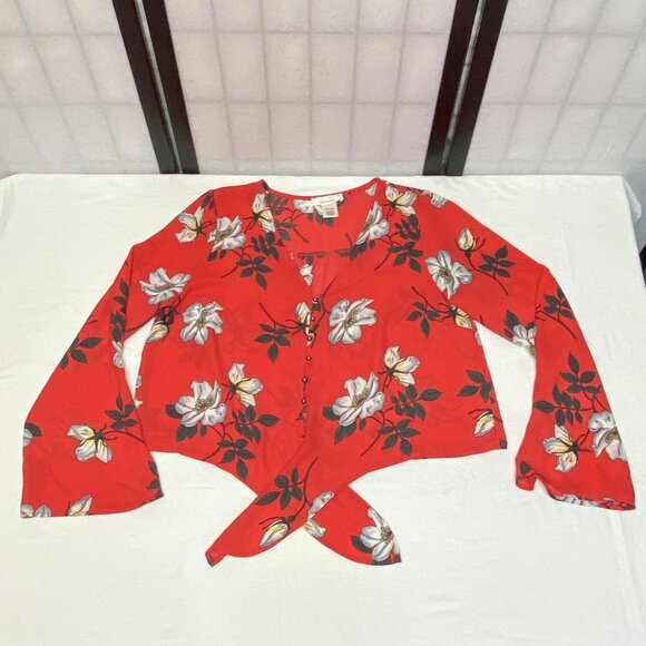 Urban Romantics V Neck Sheer Front Button Crop Tie Waist Bell Sleeve Top Red M - Picture 7 of 11